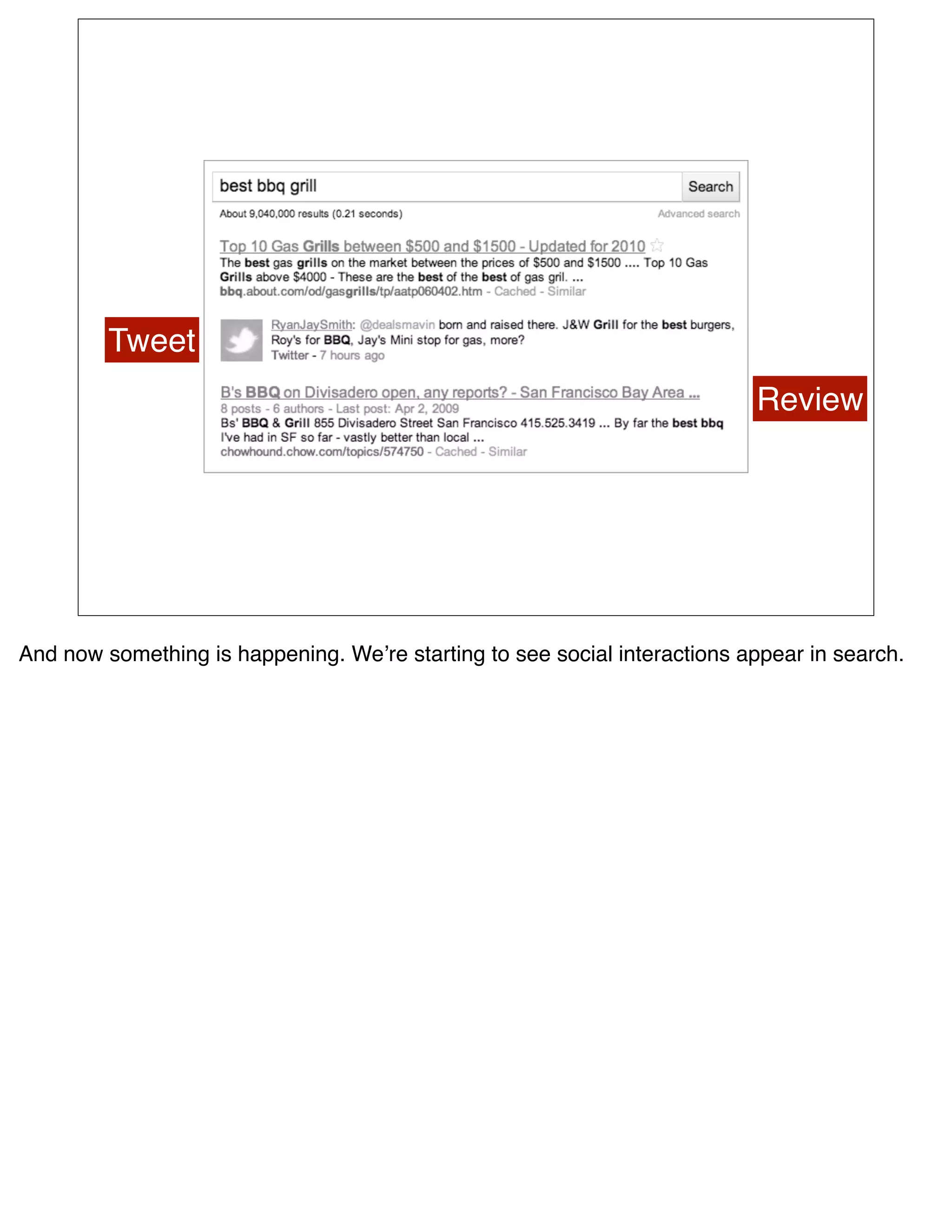 Tweet
                                                                           Review




And now something is happening. Weʼre starting to see social interactions appear in search.
 