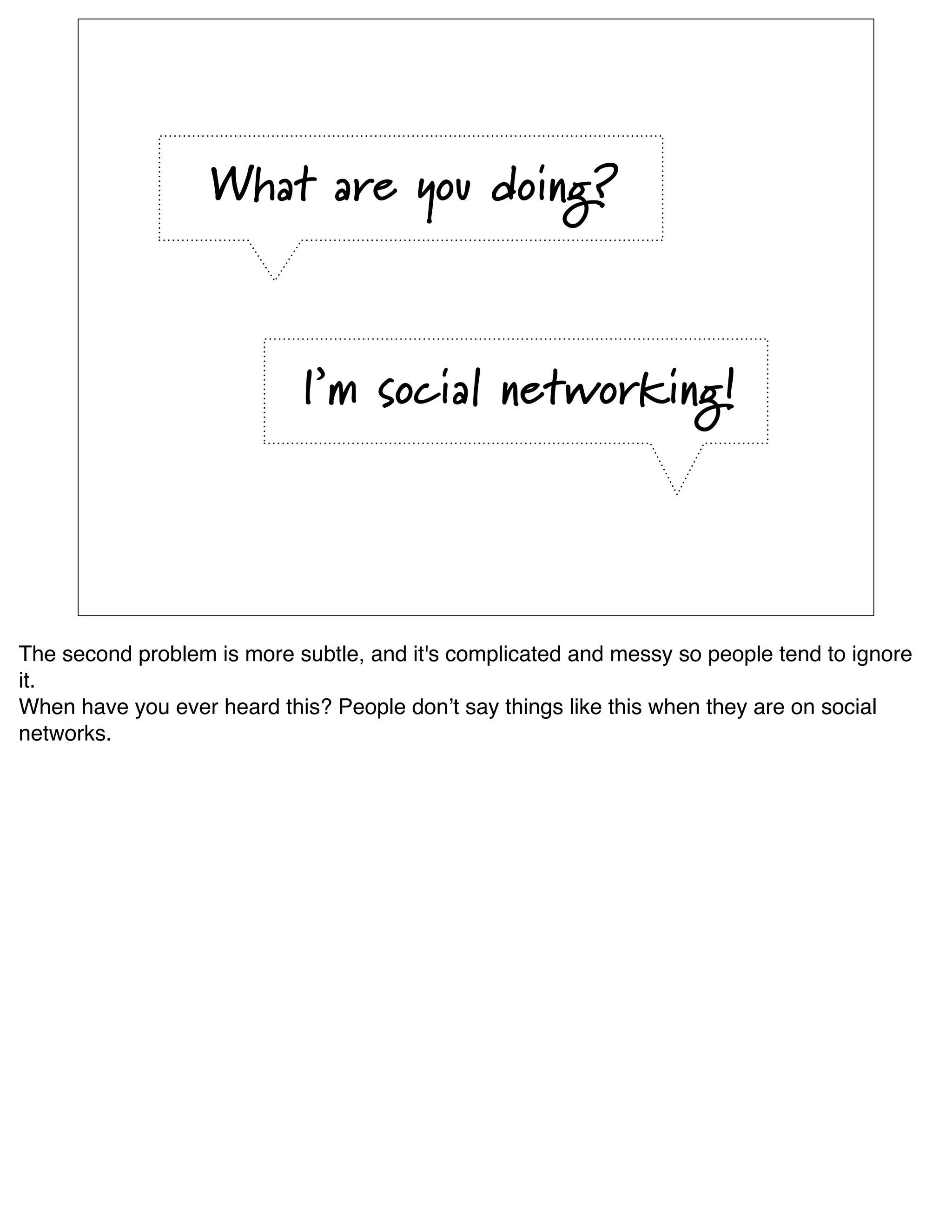 What are you doing?



                            I’m social networking!




The second problem is more subtle, and it's complicated and messy so people tend to ignore
it. 
When have you ever heard this? People donʼt say things like this when they are on social
networks.
 