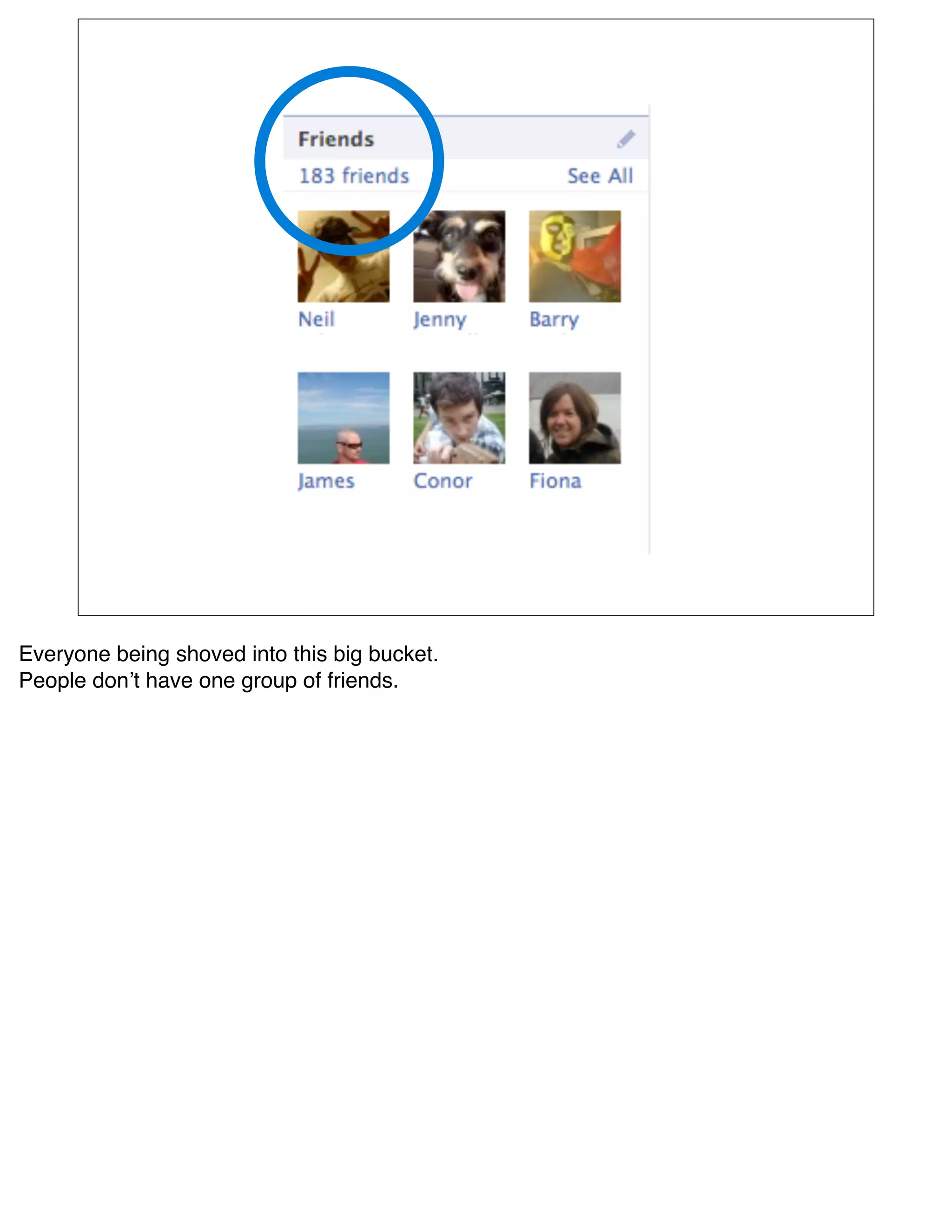 Everyone being shoved into this big bucket. 
People donʼt have one group of friends.
 
