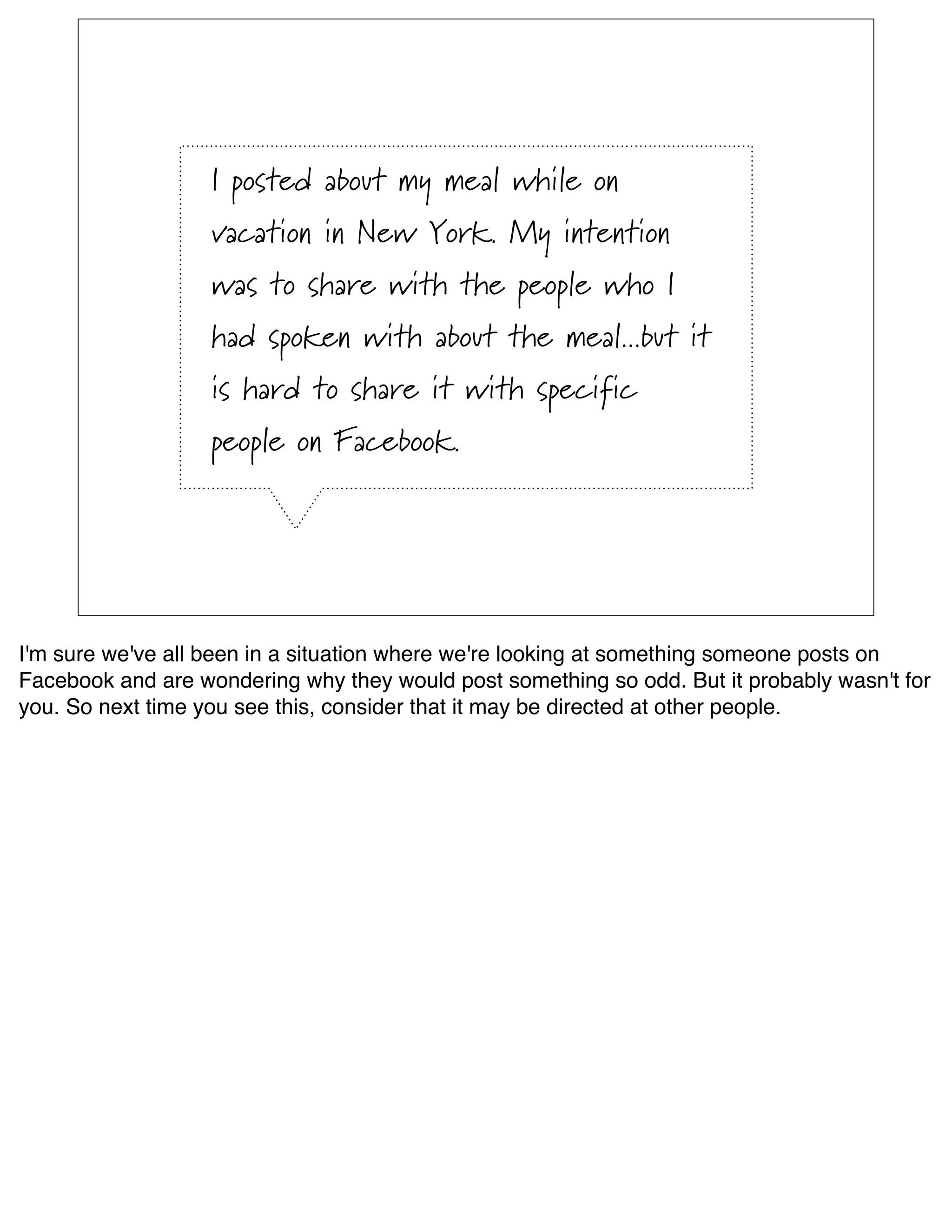I posted about my meal while on
                   vacation in New York. My intention
                   was to share with the people who I
                   had spoken with about the meal...but it
                   is hard to share it with specific
                   people on Facebook.




I'm sure we've all been in a situation where we're looking at something someone posts on
Facebook and are wondering why they would post something so odd. But it probably wasn't for
you. So next time you see this, consider that it may be directed at other people.
 