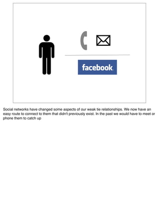 Social networks have changed some aspects of our weak tie relationships. We now have an
easy route to connect to them that didn't previously exist. In the past we would have to meet or
phone them to catch up
 