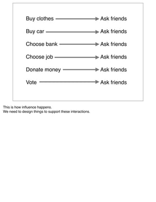 Buy clothes                                 Ask friends

              Buy car                                     Ask friends

              Choose bank                                 Ask friends

              Choose job                                  Ask friends

              Donate money                                Ask friends

              Vote                                        Ask friends



This is how inﬂuence happens.
We need to design things to support these interactions.
 