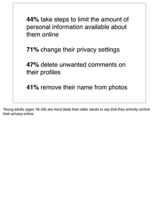 44% take steps to limit the amount of
              personal information available about
              them online

              71% change their privacy settings

              47% delete unwanted comments on
              their proﬁles

              41% remove their name from photos


Young adults (ages 18–29) are more likely than older adults to say that they actively control
their privacy online.
 
