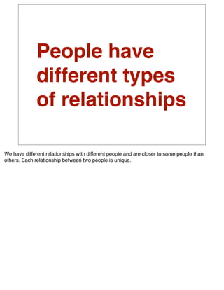 People have
              different types
              of relationships

We have different relationships with different people and are closer to some people than
others. Each relationship between two people is unique.
 