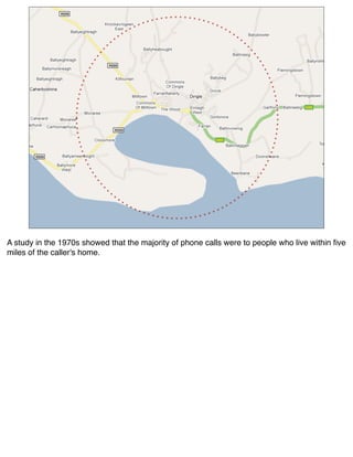 A study in the 1970s showed that the majority of phone calls were to people who live within ﬁve
miles of the caller's home.
 
