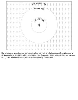 But strong and weak ties are not enough when we think of relationships online. We need a
new category of tie, and I call it the temporary tie. Temporary ties are people that you have no
recognized relationship with, but that you temporarily interact with.
 