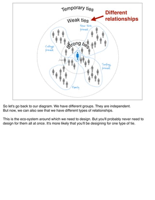 Different
                                                                  relationships




So let's go back to our diagram. We have different groups. They are independent.
But now, we can also see that we have different types of relationships.

This is the eco-system around which we need to design. But you'll probably never need to
design for them all at once. It's more likely that you'll be designing for one type of tie.
 