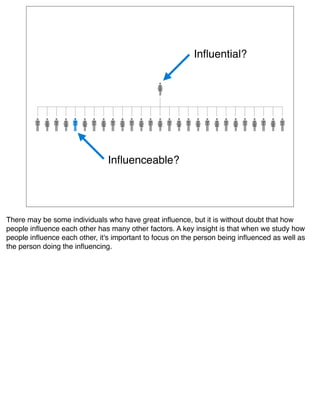 Inﬂuential?




                               Inﬂuenceable?




There may be some individuals who have great inﬂuence, but it is without doubt that how
people inﬂuence each other has many other factors. A key insight is that when we study how
people inﬂuence each other, it's important to focus on the person being inﬂuenced as well as
the person doing the inﬂuencing.
 