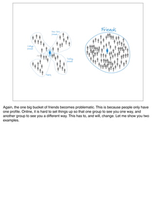 Again, the one big bucket of friends becomes problematic. This is because people only have
one proﬁle. Online, it is hard to set things up so that one group to see you one way, and
another group to see you a different way. This has to, and will, change. Let me show you two
examples.
 
