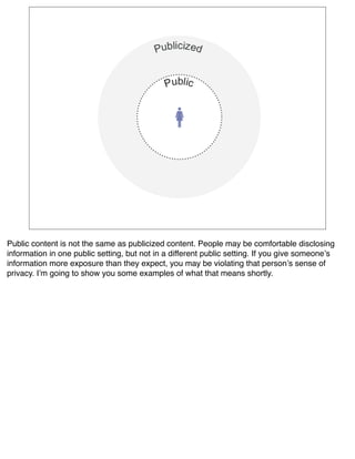 Public content is not the same as publicized content. People may be comfortable disclosing
information in one public setting, but not in a different public setting. If you give someoneʼs
information more exposure than they expect, you may be violating that personʼs sense of
privacy. Iʼm going to show you some examples of what that means shortly.
 