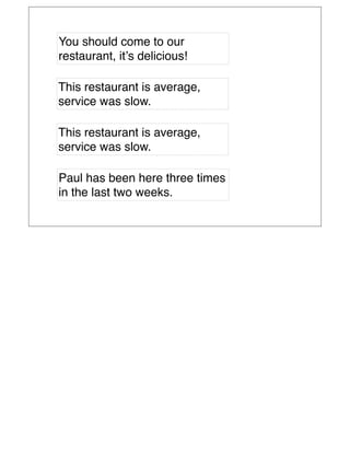You should come to our
restaurant, itʼs delicious!

This restaurant is average,
service was slow.

This restaurant is average,
service was slow.

Paul has been here three times
in the last two weeks.
 