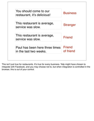 You should come to our
                                                                Business
              restaurant, itʼs delicious!

              This restaurant is average,                       Stranger
              service was slow.

              This restaurant is average,
                                                                Friend
              service was slow.

              Paul has been here three times Friend
              in the last two weeks.         of friend



This isnʼt just true for restaurants. Itʼs true for every business. Yelp might have chosen to
integrate with Facebook, and you may choose not to, but when integration is controlled in the
browser, this is out of your control.
 