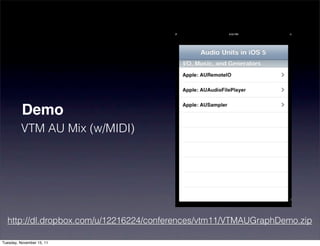 Demo
         VTM AU Mix (w/MIDI)




  http://dl.dropbox.com/u/12216224/conferences/vtm11/VTMAUGraphDemo.zip

Tuesday, November 15, 11
 