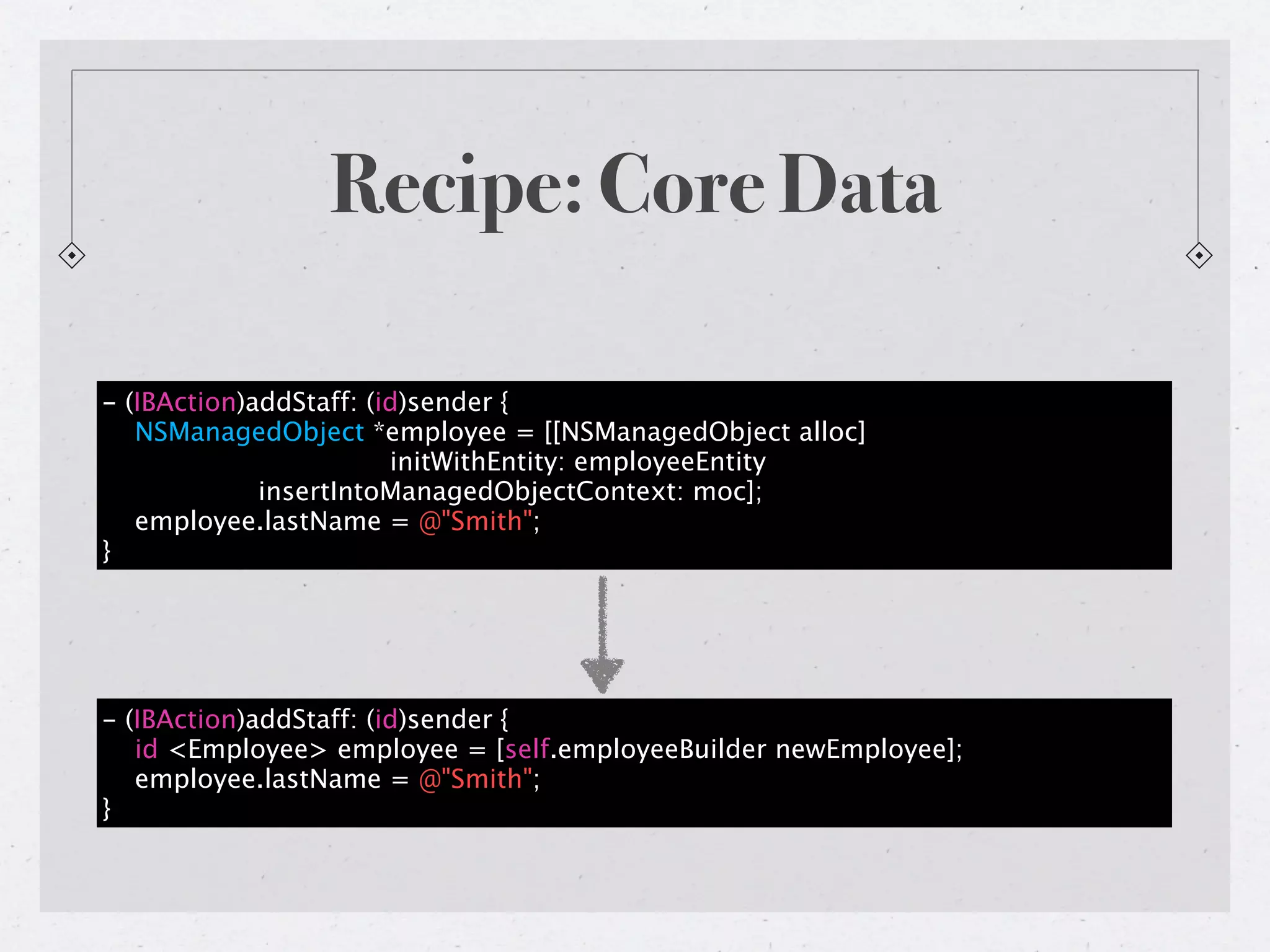 Recipe: Core Data

- (IBAction)addStaff: (id)sender {
   NSManagedObject *employee = [[NSManagedObject alloc]
                        initWithEntity: employeeEntity
             insertIntoManagedObjectContext: moc];
   employee.lastName = @"Smith";
}




- (IBAction)addStaff: (id)sender {
   id <Employee> employee = [self.employeeBuilder newEmployee];
   employee.lastName = @"Smith";
}
 
