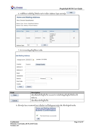 PeopleSoft HCM User Guide

           6. กรณีที่ต้องการเพิ่มที่อยู่ ให้พนักงานทาการเลือก Address Type และกดปุ่ม




           7. ทาการกรอกข้อมูลที่อยู่ที่ต้องการเพิ่ม




Field                           Description
                                เลือกเพื่อบันทึกที่อยู่ที่แก้ไข ระบบจะทาการบันทึกข้อมูลที่อยู่ที่แก้ไขที่ประวัติ
                                พนักงาน
                                เลือกเพื่อยกเลิกที่อยู่ที่แก้ไข

        8. เมื่อกดปุ่ม Save จะแสดงหน้าจอการยืนยันการแก้ไขข้อมูลและกดปุ่ม OK เพื่อกลับสู่หน้าจอเดิม




Confidential                                                                                              Page 13 of 47
Filename: UserGuide_HCM_ESSV2.doc
Version: 2.0
 