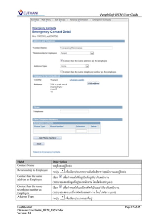 PeopleSoft HCM User Guide




Field                      Description
Contact Name               ระบุชื่อของผู้ติดต่อ
Relationship to Employee
                           กดปุ่ม   เพื่อเลือกประเภทความสัมพันธ์ระหว่างพนักงานและผู้ติดต่อ
Contact has the same       เลือก เพื่อกาหนดให้ที่อยู่เป็นที่อยู่เดียวกับพนักงาน
address as Employee
                           (ระบบจะแสดงข้อมูลที่อยู่ของพนักงาน โดยไม่ต้องระบุเอง)
Contact has the same       เลือก เพื่อกาหนดให้เบอร์โทรศัพท์เป็นเบอร์เดียวกับพนักงาน
telephone number as
Employee                   (ระบบจะแสดงเบอร์โทรศัพท์ของพนักงาน โดยไม่ต้องระบุเอง)
Address Type
                           กดปุ่ม       เพื่อเลือกประเภทของที่อยู่

Confidential                                                                             Page 17 of 47
Filename: UserGuide_HCM_ESSV2.doc
Version: 2.0
 