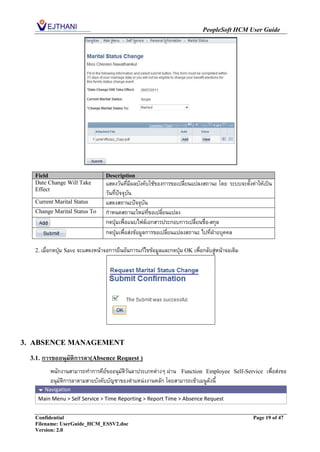 PeopleSoft HCM User Guide




   Field                          Description
   Date Change Will Take          แสดงวันที่มีผลบังคับใช้ของการขอเปลี่ยนแปลงสถานะ โดย ระบบจะตั้งค่าให้เป็น
   Effect
                                  วันที่ปัจจุบัน
   Current Marital Status         แสดงสถานะปัจจุบัน
   Change Marital Status To       กาหนดสถานะใหม่ที่ขอเปลี่ยนแปลง
                                  กดปุ่มเพื่อแนบไฟล์เอกสารประกอบการเปลี่ยนชื่อ-สกุล
                                  กดปุ่มเพื่อส่งข้อมูลการขอเปลี่ยนแปลงสถานะ ไปที่ฝ่ายบุคคล

   2. เมื่อกดปุ่ม Save จะแสดงหน้าจอการยืนยันการแก้ไขข้อมูลและกดปุ่ม OK เพื่อกลับสู่หน้าจอเดิม




3. ABSENCE MANAGEMENT

 3.1.   การขออนุมัติการลา(Absence Request )
          พนักงานสามารถทาการคีย์ขออนุมัตวันลาประเภทต่างๆ ผ่าน Function Employee
                                         ิ                                                Self-Service   เพื่อส่งขอ
          อนุมัติการลาตามสายบังคับบัญชาของตาแหน่งงานหลัก โดยสามารถเข้าเมนูดังนี้
     Navigation
    Main Menu > Self Service > Time Reporting > Report Time > Absence Request


   Confidential                                                                                   Page 19 of 47
   Filename: UserGuide_HCM_ESSV2.doc
   Version: 2.0
 
