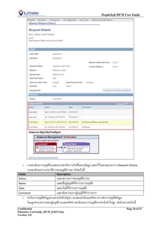 PeopleSoft HCM User Guide




   o     รายละเอียดการอนุมัติจะแสดงตามลาดับการเกิดขึ้นของข้อมูล แสดงไว้ในส่วนของตาราง Request History
         รายละเอียดตารางประวัติการขออนุมัติการลา ดังต่อไปนี้
Fields                           Description
Status                          แสดงสถานะการขออนุมัติการลา
Name                            แสดงชื่อผู้อนุมัติที่ทารายการอนุมัติ
Date                            แสดงวันที่ที่ทารายการอนุมัติ
Comment                         แสดงข้อความจากผู้อนุมัติที่ทารายการ
   o ลาดับการอนุมัติข้อมูลตามสายบังคับบัญชา จะแสดงลาดับและทิศทางการส่งการอนุมัติข้อมูล
     โดยลูกศรระหว่างกล่องผู้อนุมัติ จะแสดงทิศทางลาดับของการอนุมัติจากลาดับต่าไปสูง ดังตัวอย่างต่อไปนี้
Confidential                                                                                  Page 26 of 47
Filename: UserGuide_HCM_ESSV2.doc
Version: 2.0
 