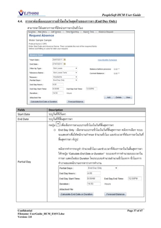 PeopleSoft HCM User Guide
4.4.   การลาต่อเนื่องแบบลารายชั่วโมงในวันสุดท้ายของการลา (End Day Only)
        สามารถลาได้เฉพาะการลาที่มหน่วยการลาเป็นชั่วโมง
                                 ี




Fields                   Description
Start Date               ระบุวันที่ที่เริ่มลา
End Date                 ระบุวันที่ที่สิ้นสุดการลา
                         กดปุ่ม เพื่อเลือกการลาแบบรายชั่วโมงในวันที่สิ้นสุดการลา
                            o End Day Only : เลือกลาแบบรายชั่วโมงในวันที่สิ้นสุดการลา หลังจากเลือก ระบบ
                                จะแสดงค่าเพื่อให้พนักงานกาหนด จานวนชั่วโมง และช่วงเวลาที่ต้องการลาในวันที่
                                สิ้นสุดการลา ดังรูป

                                   หลังจากทาการระบุค่า จานวนชั่วโมง และช่วงเวลาที่ต้องการลาในวันสิ้นสุดการลา
                                   ให้กดปุม “Calculate End Date or Duration” ระบบจะทาการคานวณระยะเวลาใน
                                          ่
                                   การลา แสดงในช่อง Duration โดยระบบจะคานวณจานวนชั่วโมงจาก ชั่วโมงการ
Partial Day                        ทางานของพนักงานจากตารางการทางาน




Confidential                                                                                  Page 37 of 47
Filename: UserGuide_HCM_ESSV2.doc
Version: 2.0
 