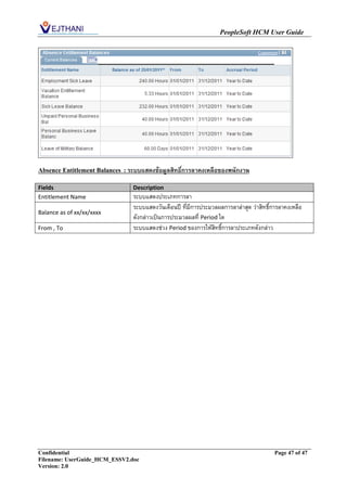 PeopleSoft HCM User Guide




Absence Entitlement Balances : ระบบแสดงข้อมูลสิทธิ์การลาคงเหลือของพนักงาน

Fields                          Description
Entitlement Name                ระบบแสดงประเภทการลา
                                ระบบแสดงวันเดือนปี ที่มีการประมวลผลการลาล่าสุด ว่าสิทธิ์การลาคงเหลือ
Balance as of xx/xx/xxxx
                                ดังกล่าวเป็นการประมวลผลที่ Period ใด
From , To                       ระบบแสดงช่วง Period ของการให้สิทธิ์การลาประเภทดังกล่าว




Confidential                                                                             Page 47 of 47
Filename: UserGuide_HCM_ESSV2.doc
Version: 2.0
 