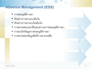 Absence Management (ESS)
         •   การขออนุมัติการลา
         •   ตัวอย่างการลาแบบเต็มวัน
         •   ตัวอย่างการลาแบบไม่เต็มวัน
         •   การตรวจสอบประวัติและสถานะการขออนุมัติการลา
         •   การยกเลิกข้อมูลการขออนุมัติการลา
         •   การตรวจสอบข้อมูลสิทธิ์การลาคงเหลือ




9 January 2013                                            17
 