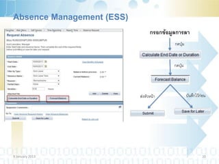 Absence Management (ESS)
                                 กรอกข้อมูลการลา
                                          กดปุ่ม


                                          กดปุ่ม




                           ส่งหัวหน้า              บันทึกไว้ก่อน




9 January 2013                                               20
 