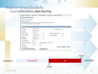 ตัวอย่างการลาแบบไม่เต็มวัน
       ลาแบบรายชั่วโมงไม่เต็มวัน (Start Day Only)




                                                         17:00

27/07/2011              ทางานปกติ                   ลา           27/07/2011


                                            13:00
  9 January 2013                                                       23
 