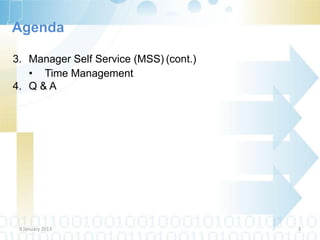 Agenda

3. Manager Self Service (MSS) (cont.)
   • Time Management
4. Q & A




 9 January 2013                         3
 