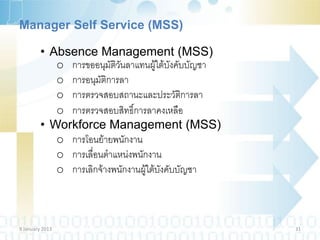 Manager Self Service (MSS)

         • Absence Management (MSS)
            o การขออนุมัติวันลาแทนผู้ใต้บังคับบัญชา
            o การอนุมัติการลา
            o การตรวจสอบสถานะและประวัติการลา
            o การตรวจสอบสิทธิ์การลาคงเหลือ
         • Workforce Management (MSS)
            o การโอนย้ายพนักงาน
            o การเลื่อนตาแหน่งพนักงาน
            o การเลิกจ้างพนักงานผู้ใต้บังคับบัญชา



9 January 2013                                        31
 