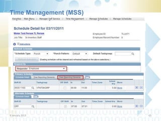 Time Management (MSS)
         • การกาหนดตารางเวร / เปลี่ยนตาราง




9 January 2013                               63
 