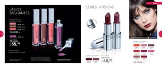 A modelo está usando NC Batom Hydra Brilliance Bourbon.
CORES INTENSAS
6.
5.
4.
3.
2.
1.
Fechamento ma
gnético
Atenção: a cor do gloss e do batom podem
variar de acordo com a forma de aplicação do
produto e com o tom dos lábios de cada pessoa.
* Retire a película protetora do
espelho antes de usar.
LÁBIOS
BRILHANTES
• Efeito molhado
• Aplicador com luz de LED
4. 97023 - Berry
55,00Por
R$
Preço sugerido:
R$ 65,00
NC Gloss Brilho Labial
Nutrimetics 6,2ml cada*
R$ 65,00 cada
1. 97022 - Blush
3. 97025 - Peach
2. 97024 - Bronze
6. 97030
Merlot
5. 901015
Bourbon
48,00Por
R$
Preço sugerido:
R$ 59,00 cada
cada
R$ 59,00 cada
NC Batom Hydra Brilliance
Nutrimetics 3,5g cada
8. 97028
Petal
7. 97026
Salmon
13. 901206
Dusk
10. 901014
Crimson
9. 901209
Raisin
11. 97031
Cherry
12. 97029
Candy
14. 97027
Geranium
NC Batom Hydra Brilliance
Nutrimetics 3,5g cada
Dermatologicamente testado
boca
84 85
 