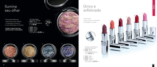 Tecnologia baked que
proporciona cores intensas
e maquiagem duradoura
Cores metalizadas e brilhantes
Contêm o mineral mica que
adiciona brilho e luminosidade
Ilumine
seu olhar
NC Sombra Baked
Nutrimetics 1,5g cada
1. 97021 - Vênus
	 Preço sugerido: R$ 65,00 cada
	 Por: R$ 46,00
2. 97020 - Galaxy
3. 97018 - Cosmos
4. 97017 - Eclipse
5. 97019 - Astro
Preço sugerido: R$ 65,00 cada
OFF
29%
boca
	 NC Batom Hydra Brilliance
Nutrimetics 3,5g cada
6.	 97030 - Merlot
7.	 97026 - Salmon
	 Preço sugerido: R$ 56,00 cada
	 Por: R$ 45,00 cada
8.	 97031 - Cherry
9.	 97028 - Petal
10.	97027 - Geranium
11.	97029 - Candy
	 Preço sugerido: R$ 56,00 cada
Fechamento ma
gnético
Alta fixação
Lábios macios e hidratados
Embalagem cromada
Único e
sofisticado
1.
2. 3. 4. 5.
6.
7.
8.
9.
10.
11.
8 9
 
