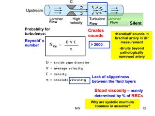 Flow
Layers mixed
up
Probabilty for
turbulence:
Reynold’s
number
Lack of slipperiness
between the fluid layers
Blood viscosity – mainly
determined by % of RBCs
Flow Flow
Creates
sounds
Silent
Why are systolic murmurs
common in anaemia?
> 2000
• Karotkoff sounds in
brachial artery in BP
measurement
• Bruits beyond
pathologically
narrowed artery
NW 13
 