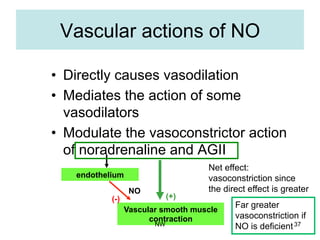 Vascular actions of NO
•  Directly causes vasodilation
•  Mediates the action of some
vasodilators
•  Modulate the vasoconstrictor action
of noradrenaline and AGII
endothelium
Vascular smooth muscle
contraction
NO
(-) (+)
Net effect:
vasoconstriction since
the direct effect is greater
Far greater
vasoconstriction if
NO is deficientNW 37
 