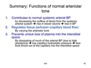 Summary: Functions of normal arteriolar
tone
1.  Contributes to normal systemic arterial BP
by decreasing the outflow of blood from the systemic
arterial system è rise in blood volume è rise in BP
2.  Regulates tissue perfusion (capillary blood flow)
By varying the arteriolar tone
3.  Prevents undue loss of plasma into the interstitial
space
By dissipating of much of the arterial BP (due to high
resistance) è low capillary hydrostatic pressure è less
fluid driven out of the capillary into the interstitial space
NW 48
 