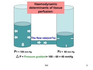 P1 = 100 mm Hg P2 = 60 mm Hg
P = Pressure gradient= 100 – 60 = 40 mmHg
The flow rate(cm3/s)
Haemodynamic
determinants of tissue
perfusion:
NW 9
 