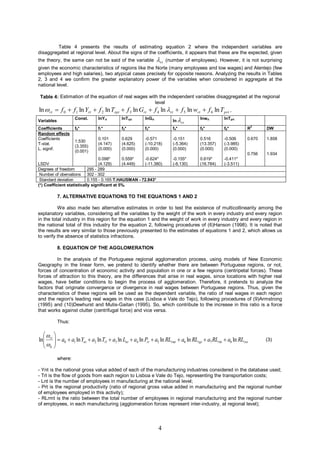 Table 4 presents the results of estimating equation 2 where the independent variables are
disaggregated at regional level. About the signs of the coefficients, it appears that these are the expected, given
the theory, the same can not be said of the variable             rt   (number of employees). However, it is not surprising
given the economic characteristics of regions like the Norte (many employees and low wages) and Alentejo (few
employees and high salaries), two atypical cases precisely for opposite reasons. Analyzing the results in Tables
2, 3 and 4 we confirm the greater explanatory power of the variables when considered in aggregate at the
national level.

 Table 4: Estimation of the equation of real wages with the independent variables disaggregated at the regional
                                                      level
ln  rt  f 0  f1 ln Yrt  f 2 ln Trpt  f 3 ln Grt  f 4 ln rt  f 5 ln wrt  f 6 ln T prt ,
                                                                          ln  rt
                     Const.     lnY rt       lnTrpt      lnGrt                         lnwrt         lnTprt
Variables
                                                                                                                     2
Coefficients         f0 *       f1 *         f2 *        f3 *             f4 *         f5 *          f6 *        R       DW
Random effects
Coefficients                    0.101        0.629       -0.571           -0.151       0.516         -0.506      0.670   1.858
                     1.530
T-stat.                         (4.147)      (4.625)     (-10.218)        (-5.364)     (13.357)      (-3.985)
                     (3.355)
L. signif.                      (0.000)      (0.000)     (0.000)          (0.000)      (0.000)       (0.000)
                     (0.001)
                                                                                                                 0.756   1.934
                                  0.098*      0.559*   -0.624*            -0.155*      0.619*        -0.411*
LSDV                              (4.129)     (4.449)  (-11.380)          (-6.130)     (16.784)      (-3.511)
Degrees of freedom          295 - 289
 Number of obervations 302 - 302
 Standard deviation         0.155 - 0.165 T.HAUSMAN - 72.843*
(*) Coefficient statistically significant at 5%.

            7. ALTERNATIVE EQUATIONS TO THE EQUATIONS 1 AND 2

          We also made two alternative estimates in order to test the existence of multicollinearity among the
explanatory variables, considering all the variables by the weight of the work in every industry and every region
in the total industry in this region for the equation 1 and the weight of work in every industry and every region in
the national total of this industry for the equation 2, following procedures of (6)Hanson (1998). It is noted that
the results are very similar to those previously presented to the estimates of equations 1 and 2, which allows us
to verify the absence of statistics infractions.

            8. EQUATION OF THE AGGLOMERATION

         In the analysis of the Portuguese regional agglomeration process, using models of New Economic
Geography in the linear form, we pretend to identify whether there are between Portuguese regions, or not,
forces of concentration of economic activity and population in one or a few regions (centripetal forces). These
forces of attraction to this theory, are the differences that arise in real wages, since locations with higher real
wages, have better conditions to begin the process of agglomeration. Therefore, it pretends to analyze the
factors that originate convergence or divergence in real wages between Portuguese regions. Thus, given the
characteristics of these regions will be used as the dependent variable, the ratio of real wages in each region
and the region's leading real wages in this case (Lisboa e Vale do Tejo), following procedures of (9)Armstrong
(1995) and (10)Dewhurst and Mutis-Gaitan (1995). So, which contribute to the increase in this ratio is a force
that works against clutter (centrifugal force) and vice versa.

            Thus:

   
ln rt   a0  a1 ln Ynt  a2 ln Trl  a3 ln Lnt  a4 ln Prt  a5 ln RLrmt  a6 ln RLrgt  a7 RLrkt  a8 ln RLrnt
                                                                                                                      (3)
   lt 
            where:

- Ynt is the national gross value added of each of the manufacturing industries considered in the database used;
- Trl is the flow of goods from each region to Lisboa e Vale do Tejo, representing the transportation costs;
- Lnt is the number of employees in manufacturing at the national level;
- Prt is the regional productivity (ratio of regional gross value added in manufacturing and the regional number
of employees employed in this activity);
- RLrmt is the ratio between the total number of employees in regional manufacturing and the regional number
of employees, in each manufacturing (agglomeration forces represent inter-industry, at regional level);




                                                                 4
 