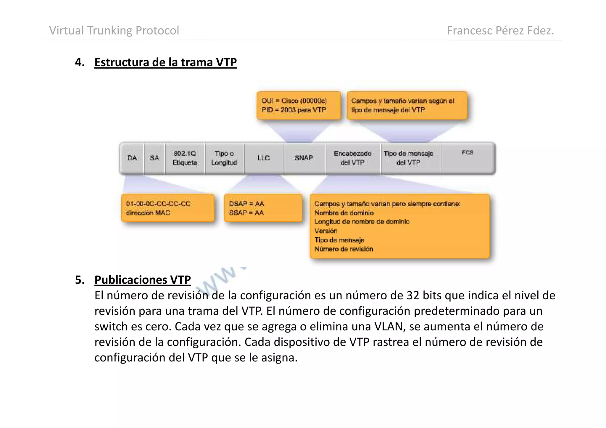 4. Estructura de la trama VTP
Virtual Trunking Protocol Francesc Pérez Fdez.
5. Publicaciones VTP
El número de revisión de la configuración es un número de 32 bits que indica el nivel de
revisión para una trama del VTP. El número de configuración predeterminado para un
switch es cero. Cada vez que se agrega o elimina una VLAN, se aumenta el número de
revisión de la configuración. Cada dispositivo de VTP rastrea el número de revisión de
configuración del VTP que se le asigna.
 