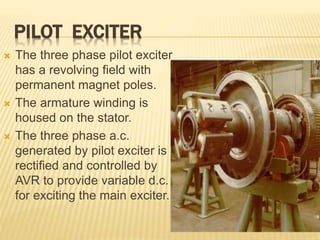 PILOT EXCITER
 The three phase pilot exciter
has a revolving field with
permanent magnet poles.
 The armature winding is
housed on the stator.
 The three phase a.c.
generated by pilot exciter is
rectified and controlled by
AVR to provide variable d.c.
for exciting the main exciter.
 