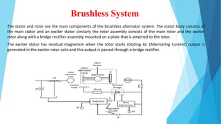 Brushless System
The stator and rotor are the main components of the brushless alternator system. The stator body consists of
the main stator and an exciter stator similarly the rotor assembly consists of the main rotor and the exciter
rotor along with a bridge rectifier assembly mounted on a plate that is attached to the rotor.
The exciter stator has residual magnetism when the rotor starts rotating AC (Alternating Current) output is
generated in the exciter rotor coils and this output is passed through a bridge rectifier.
 