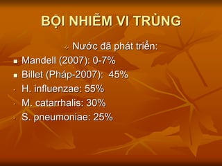 BỘI NHIỄM VI TRÙNG
 Nước đã phát triển:
 Mandell (2007): 0-7%
 Billet (Pháp-2007): 45%
• H. influenzae: 55%
• M. catarrhalis: 30%
• S. pneumoniae: 25%
 