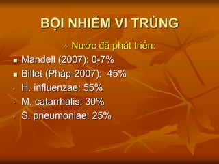BỘI NHIỄM VI TRÙNG
 Nước đã phát triển:
 Mandell (2007): 0-7%
 Billet (Pháp-2007): 45%
• H. influenzae: 55%
• M. catarrhalis: 30%
• S. pneumoniae: 25%
 