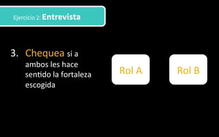 3.  Chequea	
  si	
  a	
  
ambos	
  les	
  hace	
  
sen3do	
  la	
  fortaleza	
  
escogida	
  	
  
Ejercicio 2: Entrevista
Rol	
  A	
   Rol	
  B	
  
 