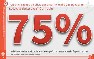 “Quien encuentra un oficio que ama, no tendrá que trabajar un
solo día de su vida” Confucio
Del	
  3empo	
  en	
  los	
  equipos	
  de	
  alto	
  desempeño	
  las	
  personas	
  están	
  ﬂuyendo	
  en	
  sus	
  
Fortalezas.	
  Marcus	
  Buchingham	
  –	
  Gallup	
  
 