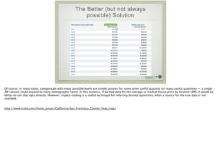 The Better (but not always
possible) Solution
Of course, in many cases, categoricals with many possible levels are simply proxies for some other useful quantity (or many useful quantities — a single
ZIP column could expand to many demographic facts); in this instance, if we had data for the average or median house price by location (ZIP), it would be
better to use that data directly. However, impact-coding is a useful technique for inferring desired quantities, when a source for the true data is not
available.
!
!
http://www.trulia.com/home_prices/California/San_Francisco_County-heat_map/
 