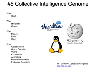 #5 Collective Intelligence Genome
What
    Goal

Who
      Hierarchy
      Crowd

Why
      Money
      Love
      Glory

How
      Collaboration
      Group Decision
      Voting
      Consensus
      Averaging
      Prediction Markets
      Individual Decisions
                             MIT Center for Collective Intelligence
                             http://cci.mit.edu/
 