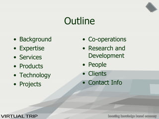 Outline Background Expertise Services Products Technology Projects Co-operations Research and Development People Clients Contact Info 
