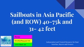 Sailboats in Asia Pacific
(and ROW) 40-75k and
31- 42 feet
Independent and Trusted Resource for Boat
Searches, Buyers and Owners
Shortlist/Request Info
Jure’s Boat List
Review
 