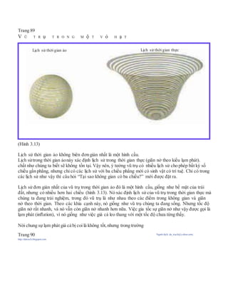 Trang 89
V Ũ T R ụ T R O N G M ộ T V ỏ H ạ T
(Hình 3.13)
Lịch sử thời gian ảo không biên đơn giản nhất là một hình cầu.
Lịch sửtrong thời gian ảonày xác định lịch sử trong thời gian thực (giãn nở theo kiểu lạm phát).
chất như chúng ta biết sẽ không tồn tại. Vậy nên, ý tưởng vũ trụ có nhiều lịch sử cho phép bất kỳ số
chiều gần phẳng, nhưng chỉ có các lịch sử với ba chiều phẳng mới có sinh vật có trí tuệ. Chỉ có trong
các lịch sử như vậy thì câu hỏi “Tại sao không gian có ba chiều?” mới được đặt ra.
Lịch sử đơn giản nhất của vũ trụ trong thời gian ảo đó là một hình cầu, giống như bề mặt của trái
đất, nhưng có nhiều hơn hai chiều (hình 3.13). Nó xác định lịch sử của vũ trụ trong thời gian thực mà
chúng ta đang trải nghiệm, trong đó vũ trụ là như nhau theo các điểm trong không gian và giãn
nở theo thời gian. Theo các khía cạnh này, nó giống như vũ trụ chúng ta đang sống. Nhưng tốc độ
giãn nở rất nhanh, và nó vẫn còn giãn nở nhanh hơn nữa. Việc gia tốc sự giãn nở như vậy được gọi là
lạm phát (inﬂation), vì nó giống như việc giá cả leo thang với một tốc độ chưa từng thấy.
Nói chung sự lạm phát giá cả bị coi là không tốt, nhưng trong trường
Trang 90 Người dịch: da_trạch@yahoo.com;
http://datrach.blogspot.com
Lịch sử thời gian ảo Lịch sử thời gian thực
 