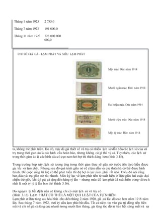 Tháng 1 năm 1923 2 785.0
Tháng 7 năm 1923 194 000.0
Tháng 11 năm 1923 726 000 000
000,0
ta, không thể phát triển. Do đó, mặc dù giả thiết về vũ trụ có nhiều lịch sử dẫn đến các lịch sử của vũ
trụ trong thời gian ảo là các hình cầu hoàn hảo, nhưng không có gì thú vị cả. Tuy nhiên, các lịch sử
trong thời gian ảo là các hình cầu có cực nam hơi bẹt thì thích đáng hơn (hình 3.15).
Trong trường hợp này, lịch sử tương ứng trong thời gian thực sẽ giãn nở trước tiên theo kiểu được
gia tốc và lạm phát. Nhưng sau đó quá trình giãn nở sẽ chậm dần và các thiên hà có thể được hình
thành. Để cuộc sống trí tuệ có thể phát triển thì độ bẹt ở cực nam phải rất nhỏ. Điều đó nói rằng
ban đầu vũ trụ giãn nở rất nhanh. Mức kỷ lục về lạm phát tiền tệ xuất hiện ở Đức giữa hai cuộc đại
chiến thế giới, khi đó giá cả tăng đến hàng tỷ lần – nhưng mức độ lạm phát đã xuất hiện trong vũ trụ ít
nhất là một tỷ tỷ tỷ lần hơn thế (hình 3.16).
Do nguyên lý bất định nên sẽ không chỉ có một lịch sử vũ trụ có
(Hình 3.16) LẠM PHÁT CÓ THỂ LÀ MỘT QUI LUẬT CỦA TỰ NHIÊN
Lạm phát ở Đức tăng sau hòa bình cho đến tháng 2 năm 1920, giá cả lúc đó cao hơn năm 1918 năm
lần. Sau tháng 7 năm 1922, thời kỳ siêu lạm phát bắt đầu. Tất cả niềm tin vào giá trị đồng tiền biến
mất và chỉ số giá cả tăng cực nhanh trong mười lăm tháng, gia tăng tốc độ in tiền hết công suất và sự
CHỈ SỐ GIÁ CẢ - LẠM PHÁT VÀ SIÊU LẠM PHÁT
Một mác Đức năm 1914
Mười ngàn mác Đức năm 1914
Hai triệu mác Đức năm 1914
Mười triệu mác Đức năm 1914
Một tỷ mác Đức năm 1914
 